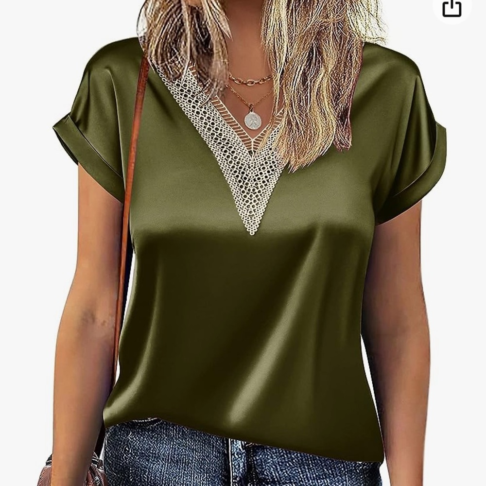 Satin Blouse with Lace V-Neck Neckline Detail